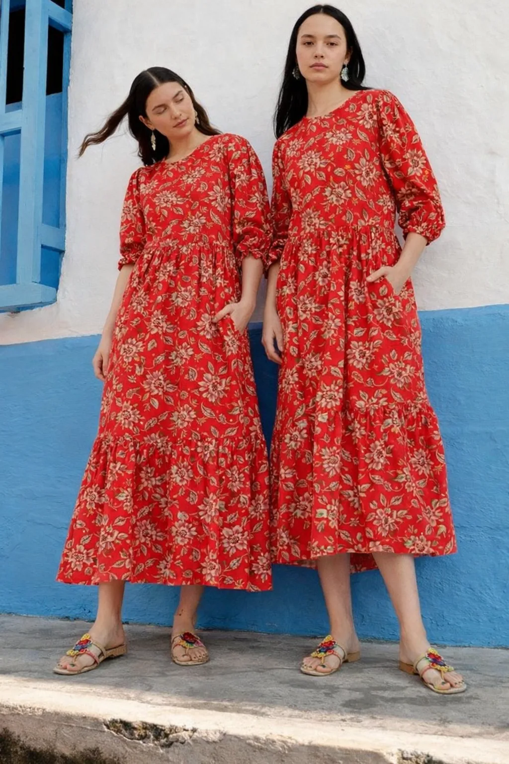 Women's Sage Red cotton voile Dress (lined)with Pockets view 3